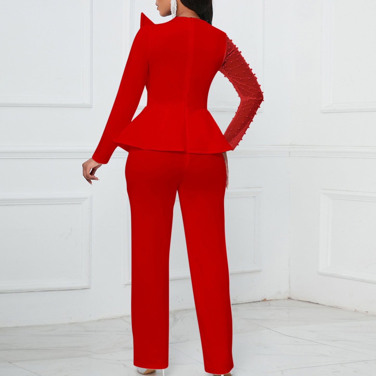 Long Sleeve Jumpsuit with Mesh Splicing and Bead Embellishments for Banquets