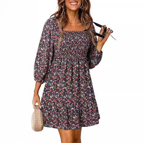 Women's 3/4 Sleeve Printed Dress with Square Collar and Pleating