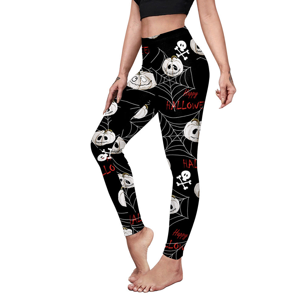 Trendy Women's Casual Yoga Pants with Slim Elastic Fit and Pumpkin Spider