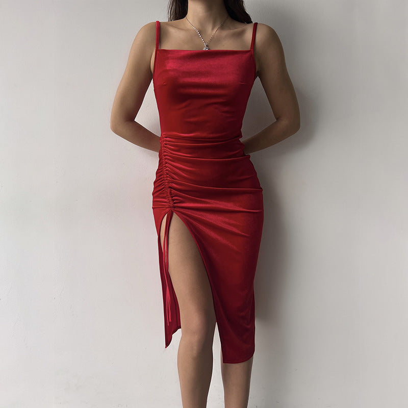 Suede Women's Dress with Off-Shoulder Style and Slim Straps