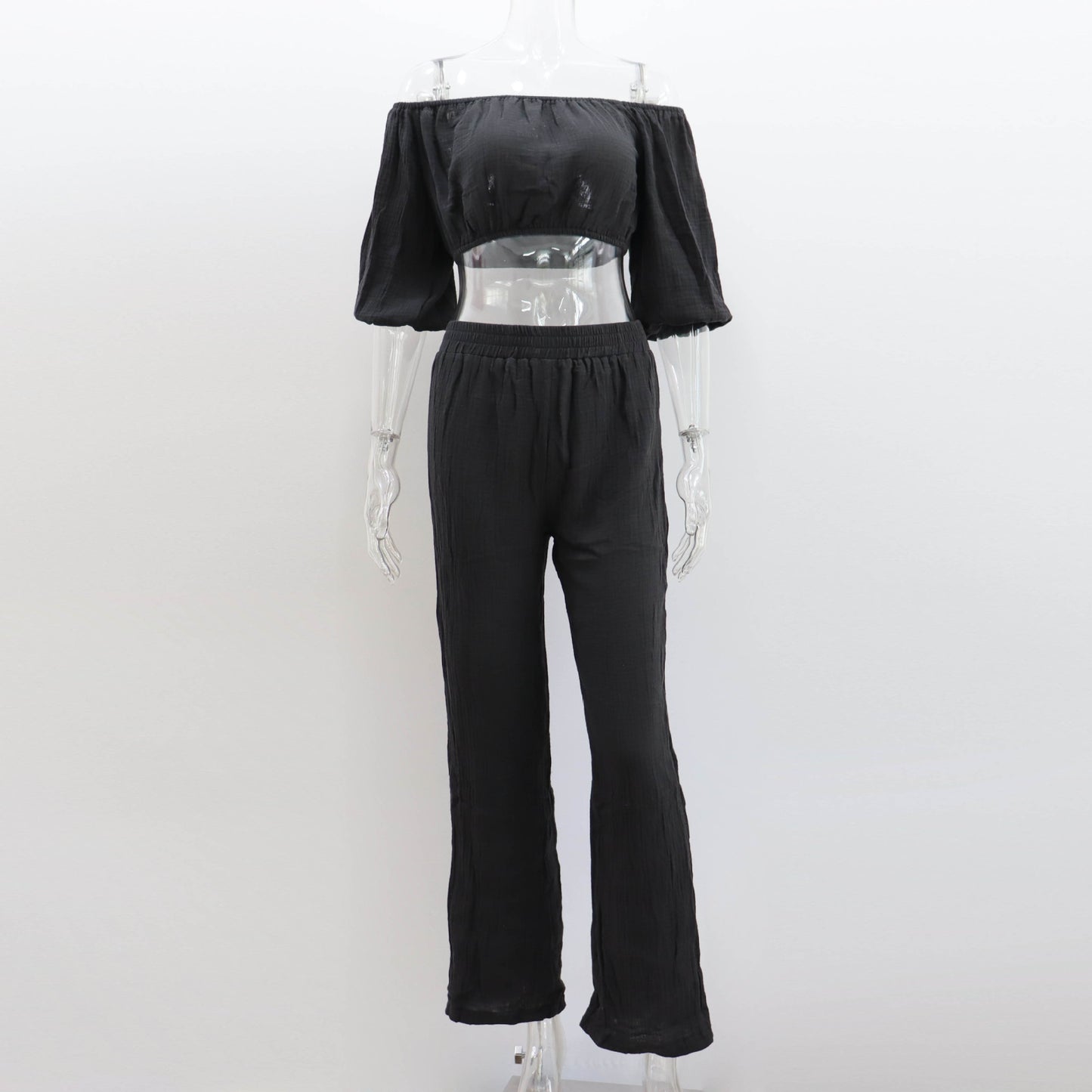 Casual Summer Suit for Women: Off-Shoulder Solid Color Top with Wide-Leg Pants in Pure Cotton