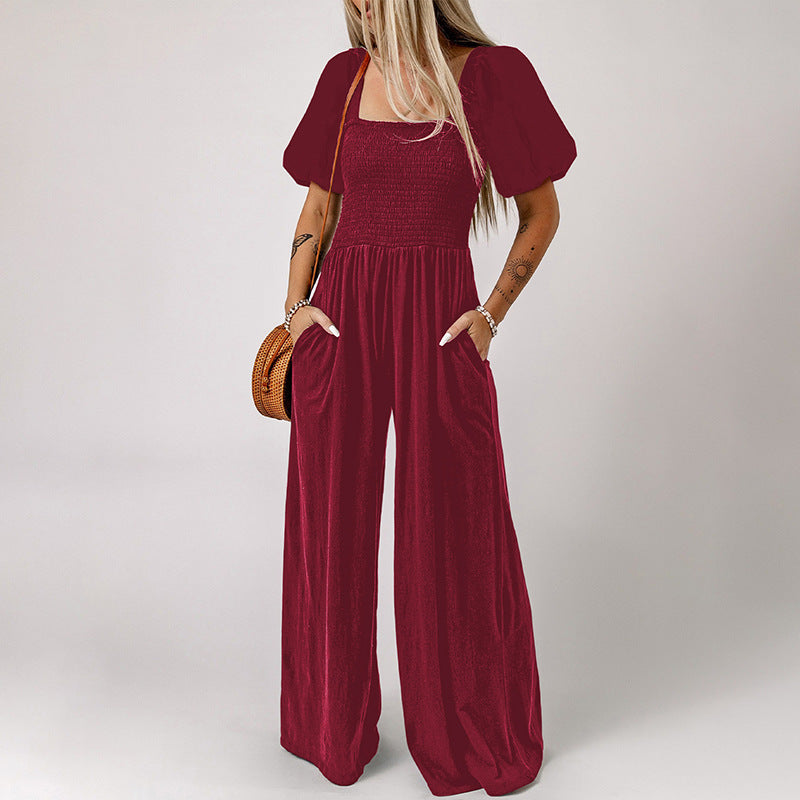 Women's Short Sleeve Jumpsuit with Square Collar