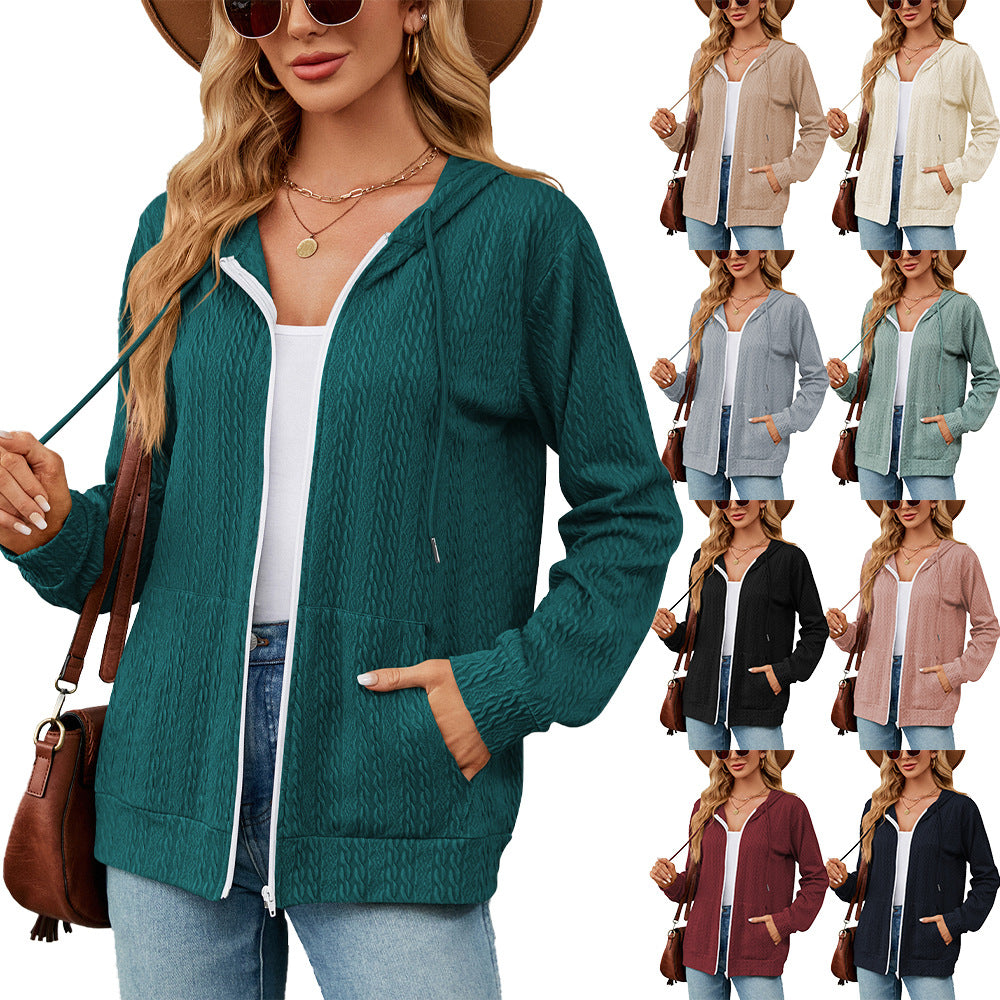 Loose Long Sleeve Hooded Zip Cardigan Pocket Sweatshirt Women