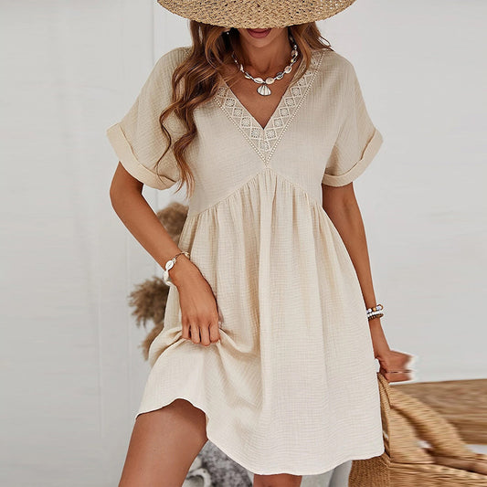 Women's European and American Style Solid Color Short Sleeve Dress