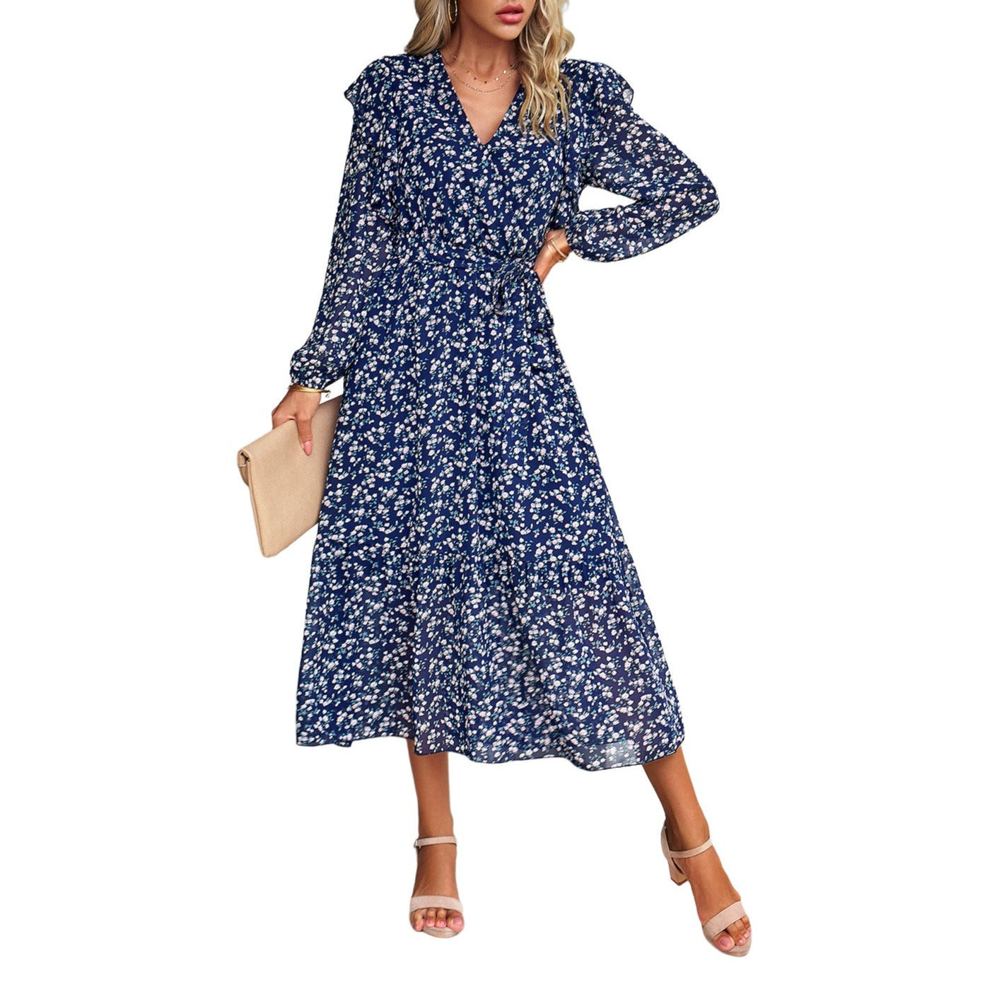 Women's Floral V-neck Long Sleeve Casual Fashion Dress