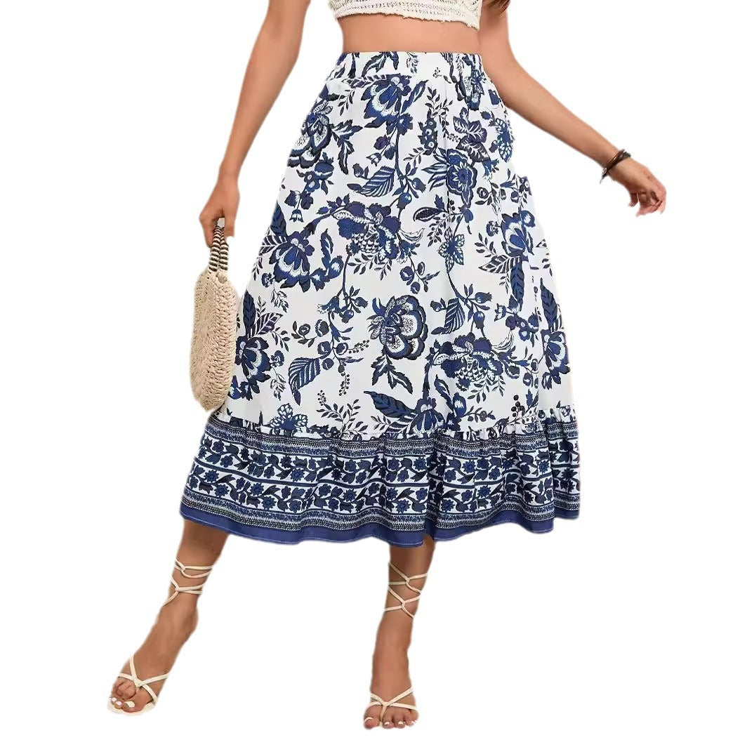 A-Line Skirt with Bohemian Blue and White Porcelain Print
