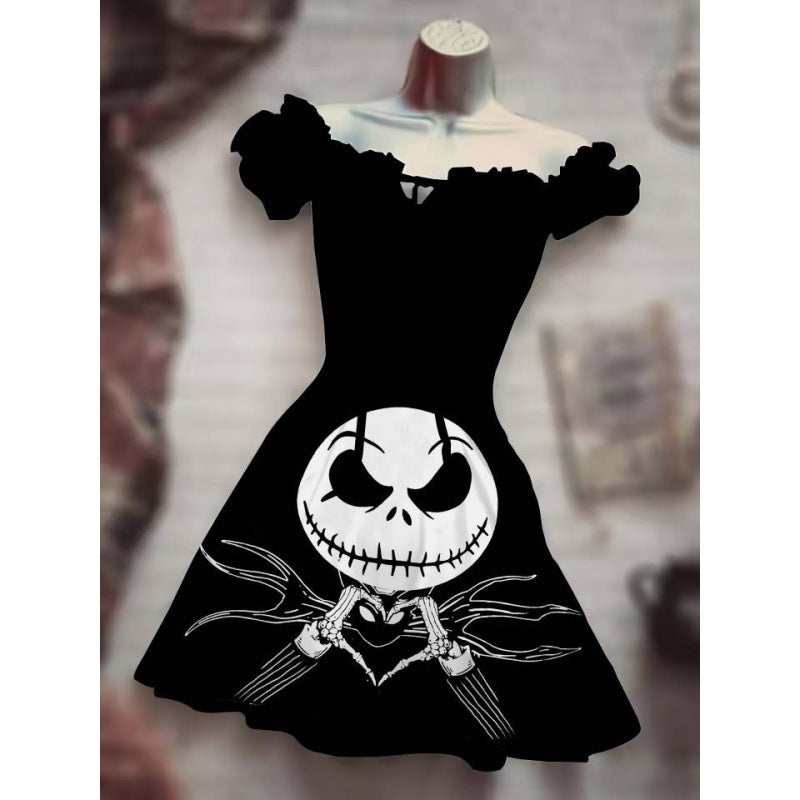 Halloween Drawstring Puff Sleeve High Waist Dress