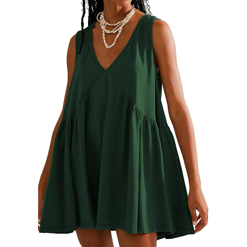 V-neck Dress with Pleated Pockets for Women