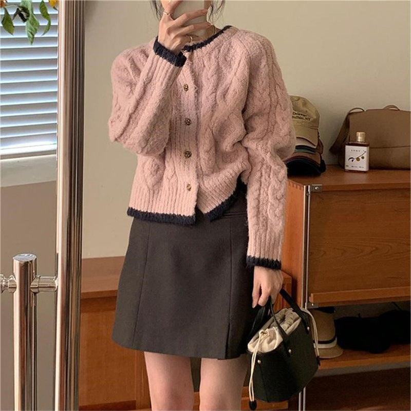 Round Neck Loose and Lazy Style Short Knitted Cardigan Sweater Coat