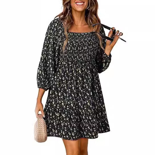 Women's 3/4 Sleeve Printed Dress with Square Collar and Pleating