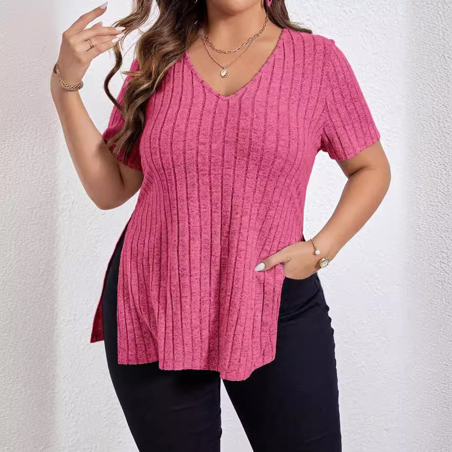 Plus Size Solid Color V-Neck Top with Short Sleeves and Split Sunken Stripe