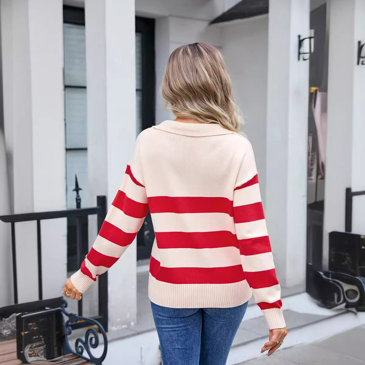 Women's Striped Sweater with Polo Collar Stitching