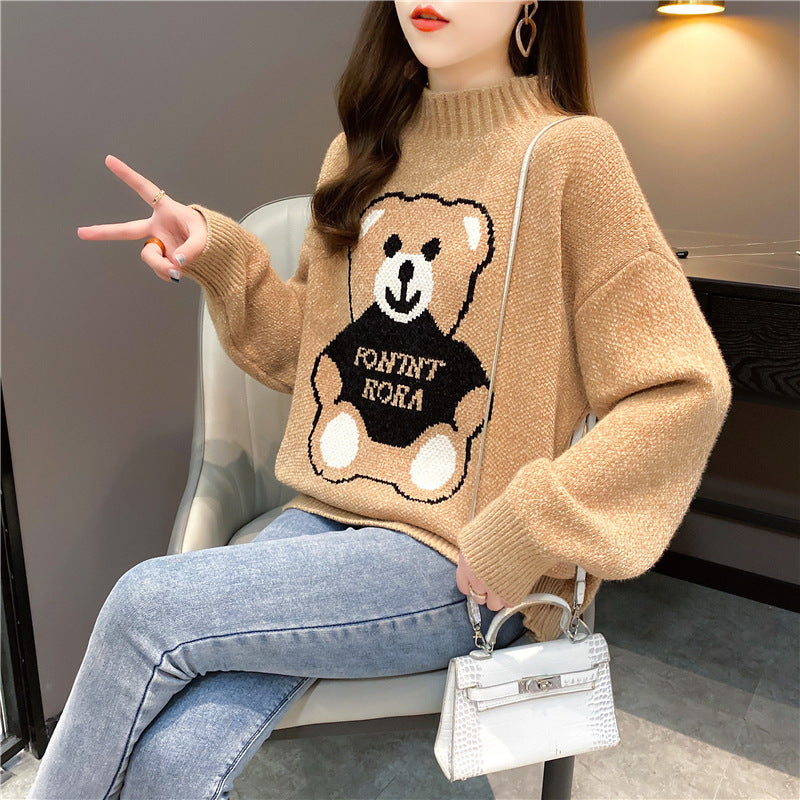 Women's Artificial Mink Fur Bear Sweater – Loose, Thickened Knit for Autumn and Winter