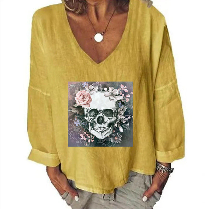 Women's Halloween Head Printed Loose Top Cotton And Linen