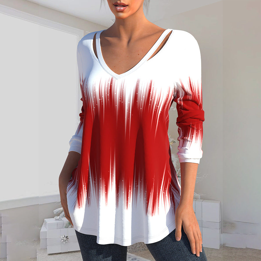 Hollow V-Neck Long Sleeve Printed T-shirt Shirt for Women