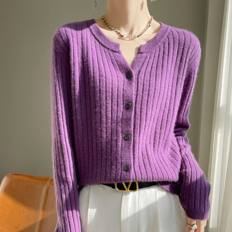 Round Neck Slim-Fit Short Striped Knitted Cardigan Jacket in Solid Color