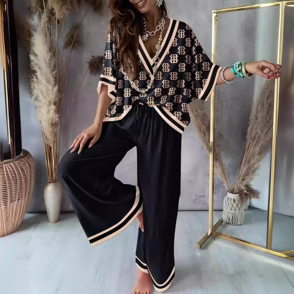 Printed Batwing Sleeve Top and Wide Leg Pants Suit for Women