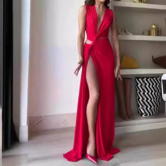 Dress for Women with Low-Cut V-Neck and High Slit