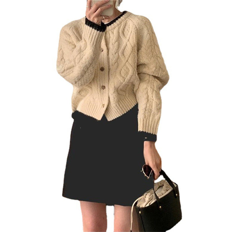 Round Neck Loose and Lazy Style Short Knitted Cardigan Sweater Coat