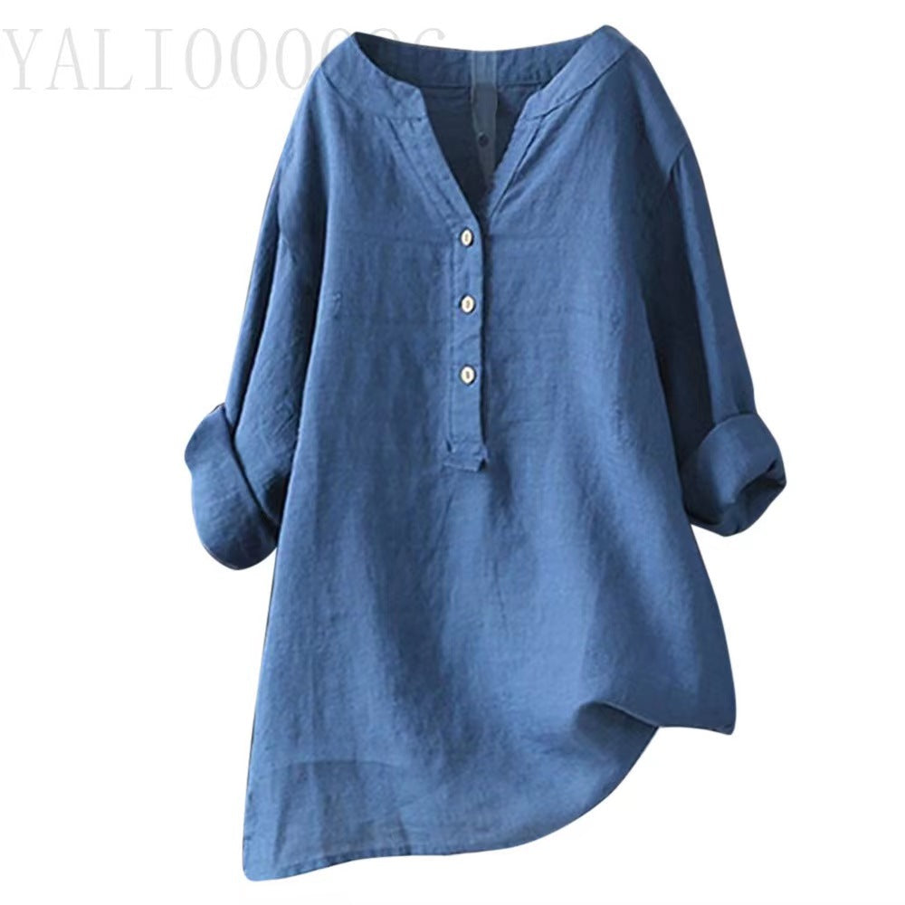 Solid Color Loose Cotton and Linen Top with Stand Collar and Buttoned Long Sleeves