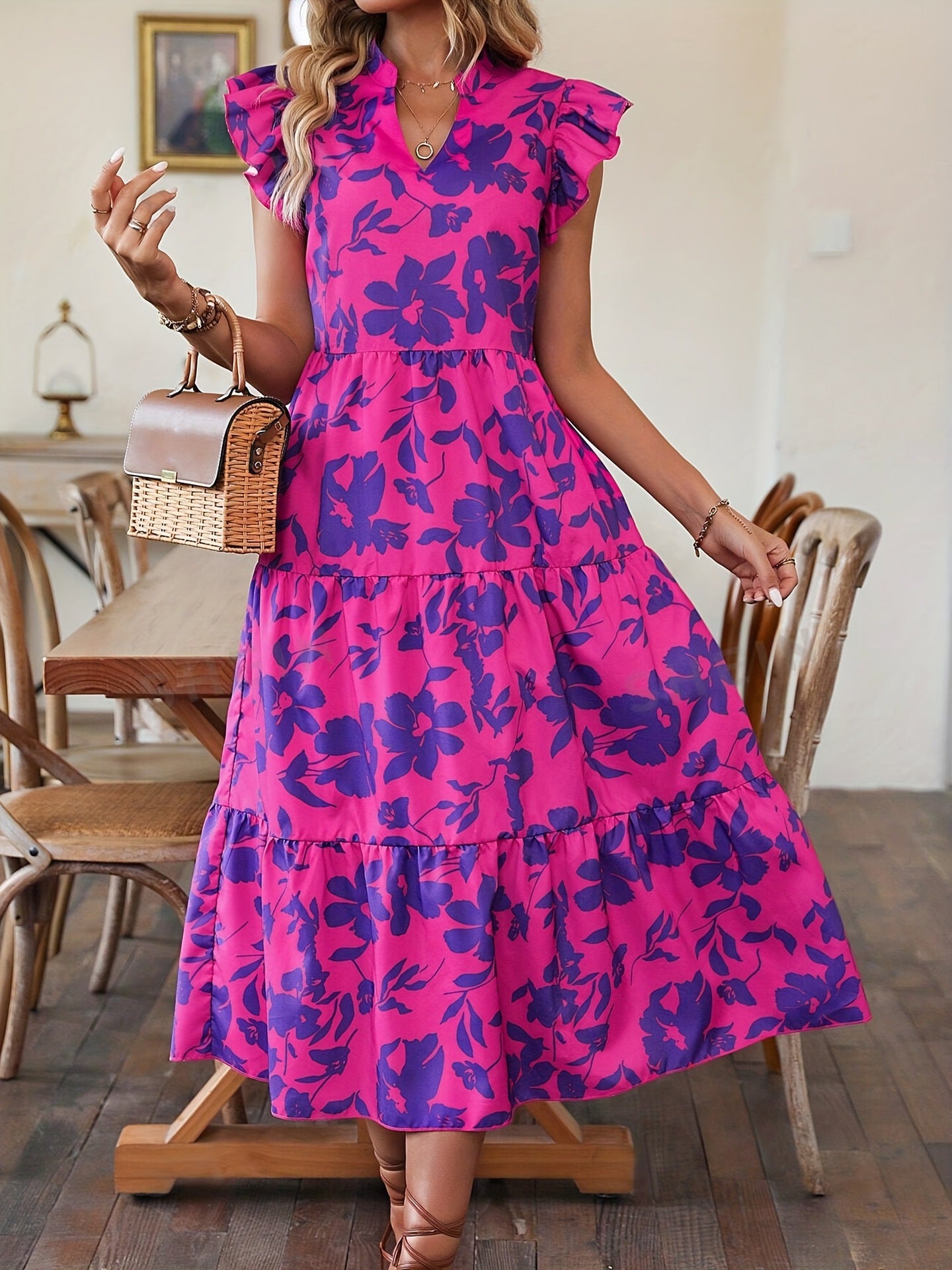 Sleeveless Printed Ruffled Vacation Style Dress