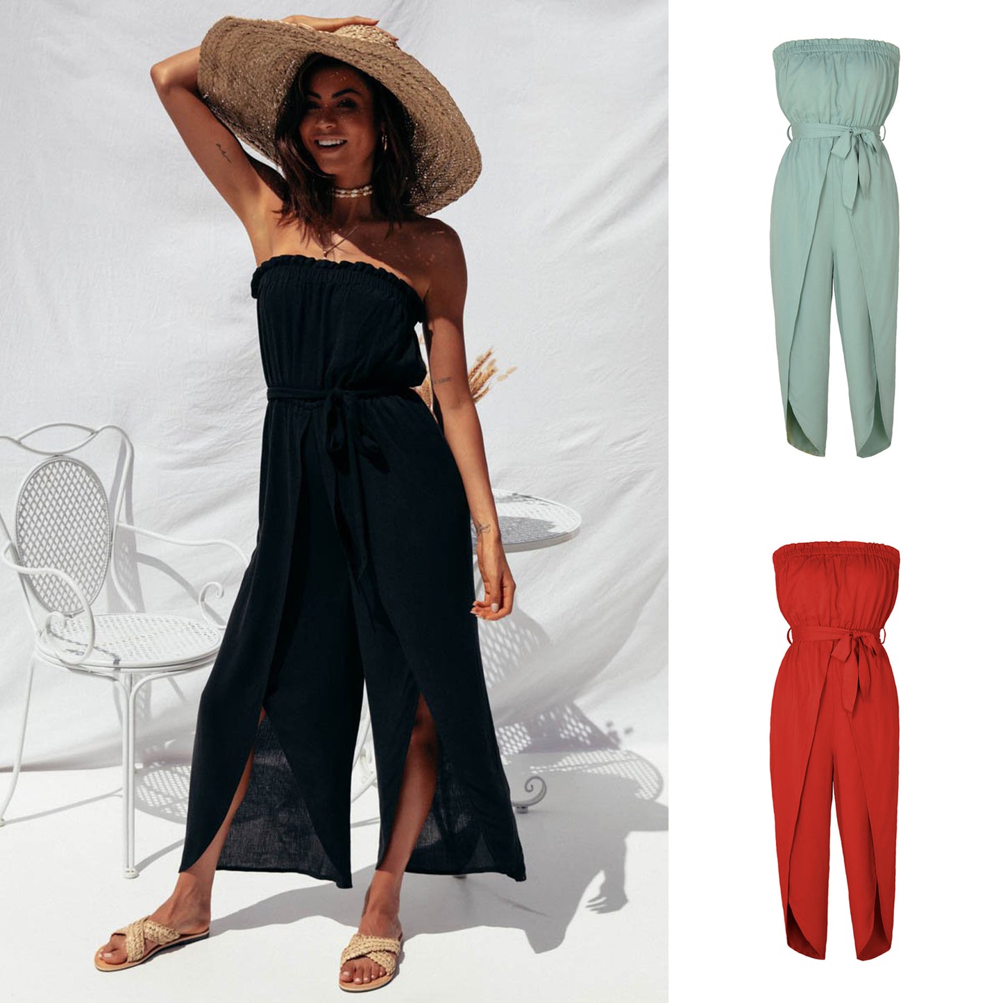 Off-Neck Jumpsuit with Elastic Waistband and Lace-Up Detail for Women