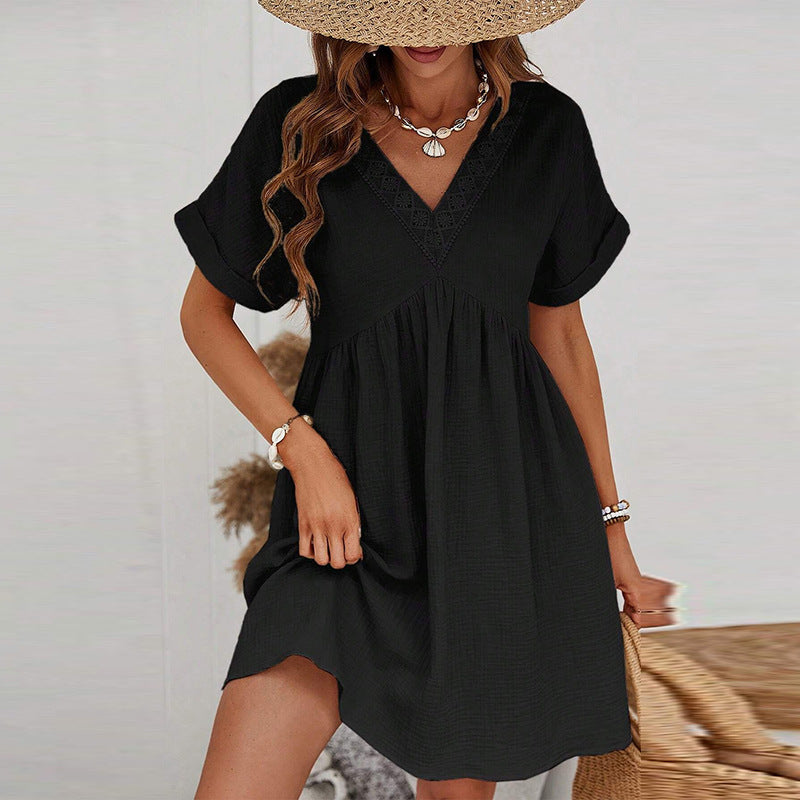 Women's European and American Style Solid Color Short Sleeve Dress