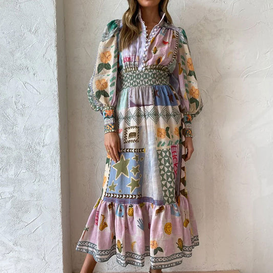 Artfully Printed Long Sleeve Casual Dress for a Stylish and Chic Look