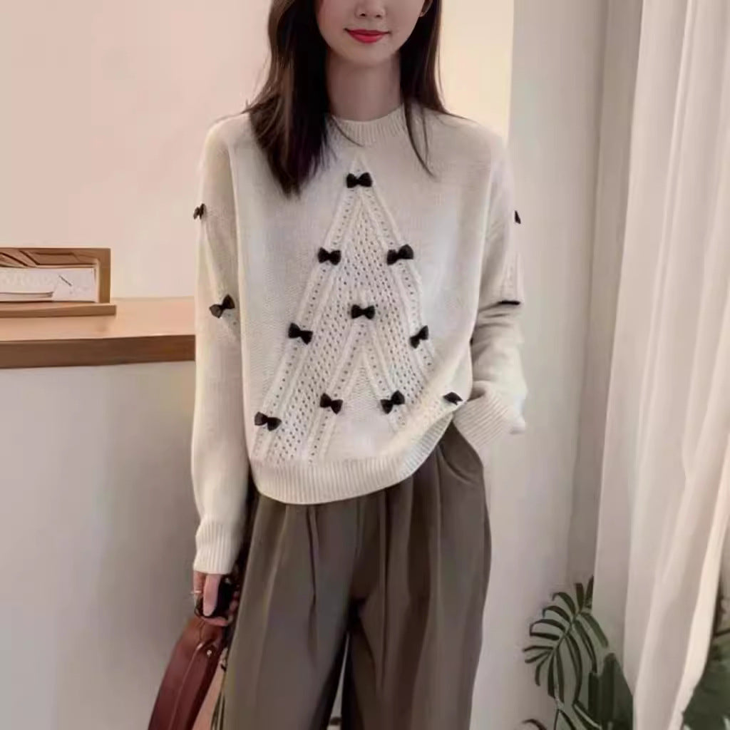 Round Neck Long Sleeve Sweater with Hollow Bow Detail – Three-Dimensional, Anti-Aging Fashion