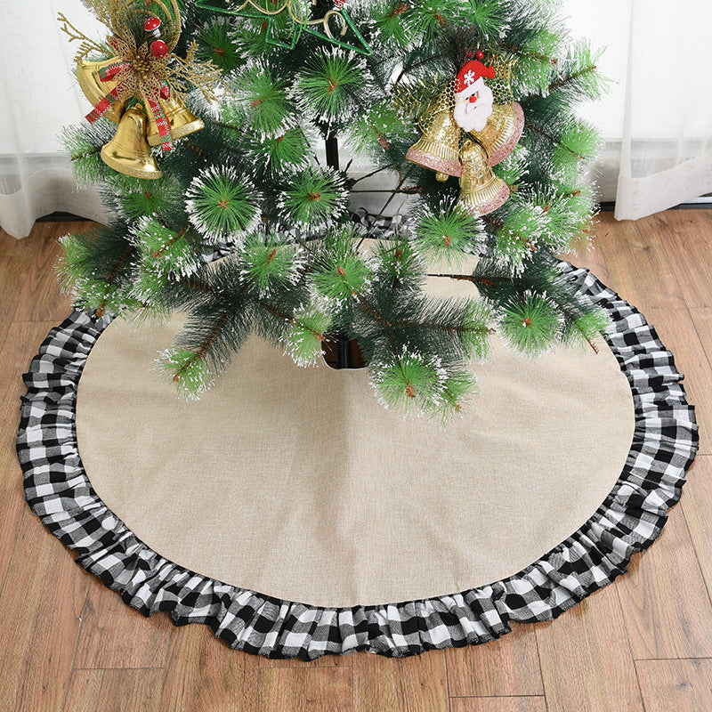 120cm Imitation Linen Christmas Plaid Lace Tree Skirt