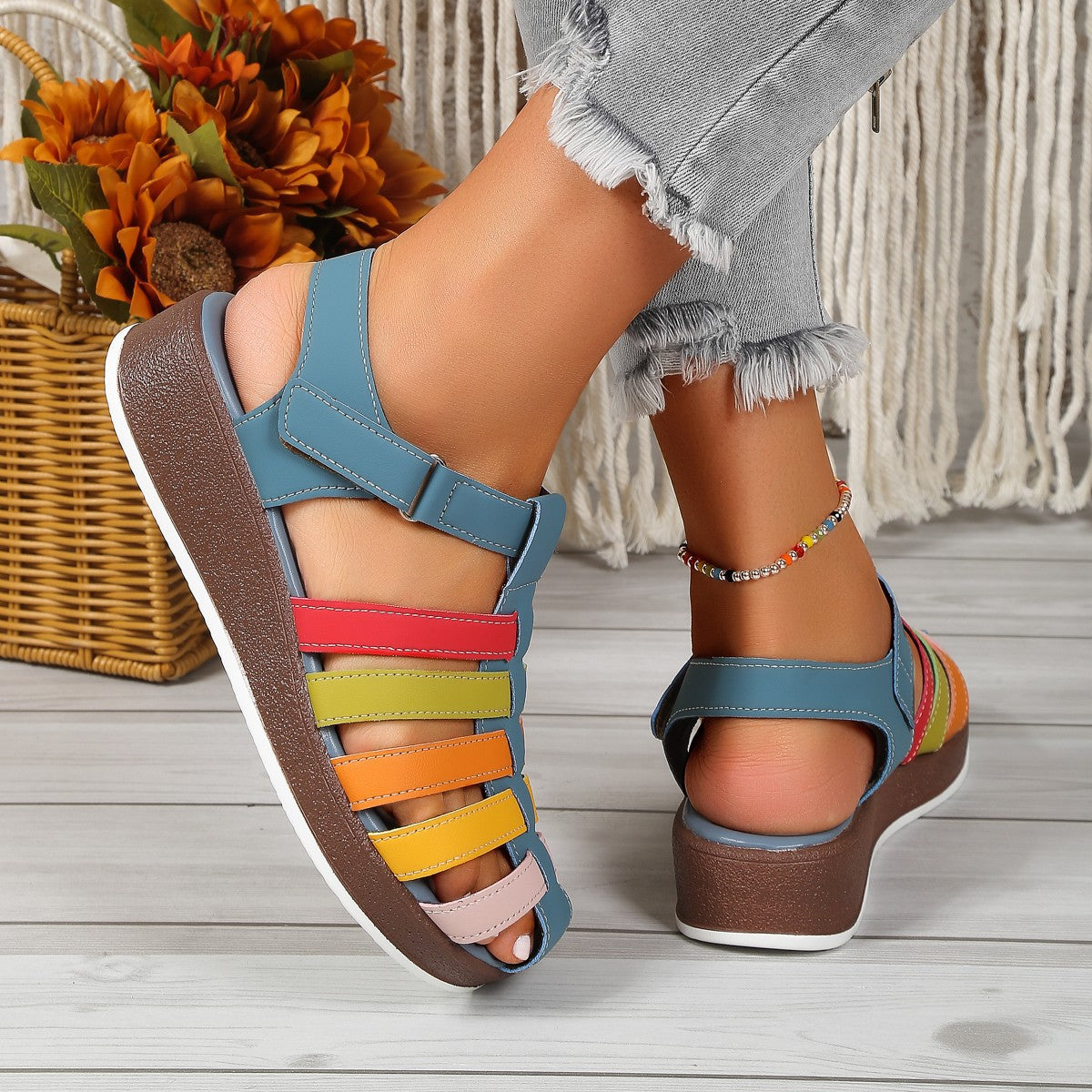Round Toe Wedge Buckle Color Matching Women's Sandals