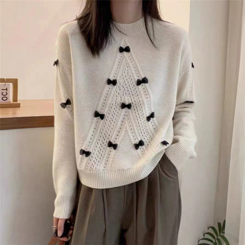 Round Neck Long Sleeve Sweater with Hollow Bow Detail – Three-Dimensional, Anti-Aging Fashion