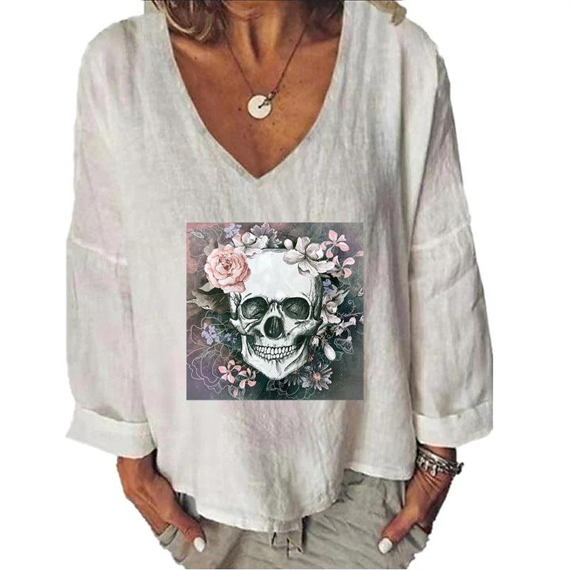 Women's Halloween Head Printed Loose Top Cotton And Linen