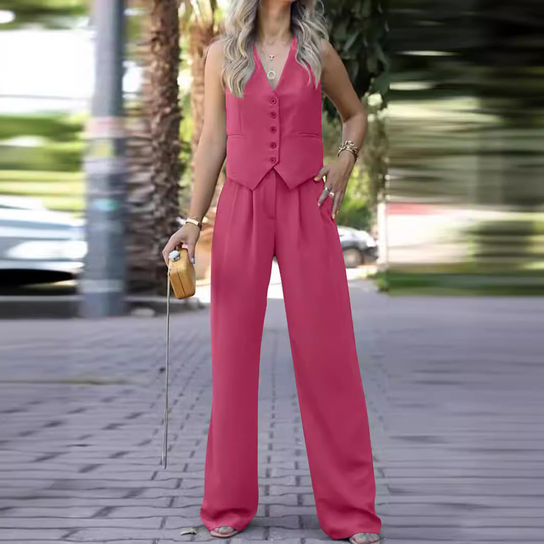 V-Neck Sleeveless Vest and Drooping Wide-Leg Pants Suit