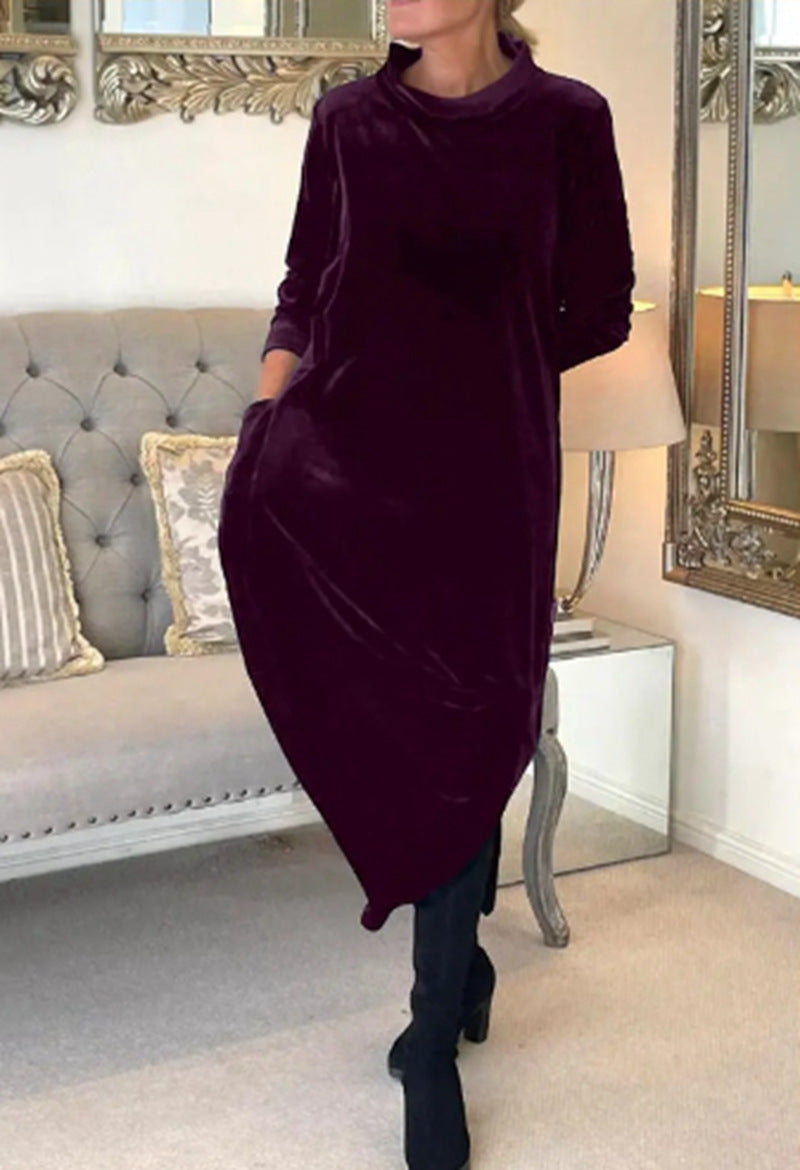 New Round Neck Long Sleeve Solid Color Dress Women