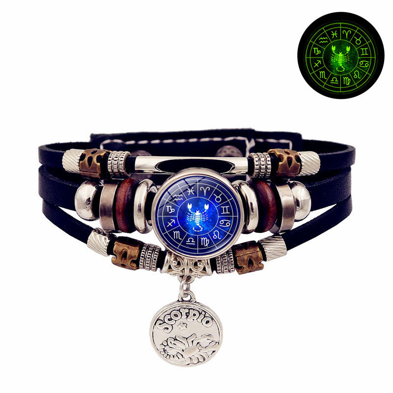 Luminous Twelve Constellation Snap Button Vintage Multi-layer Beaded Leather Bracelet