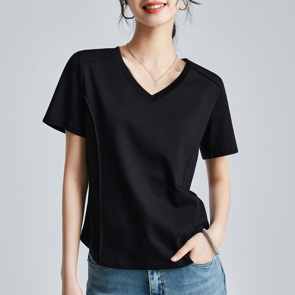 Mercerized Cotton Round Neck Shoulder T-Shirt