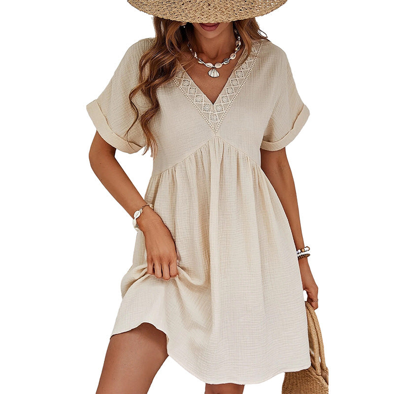 Women's European and American Style Solid Color Short Sleeve Dress