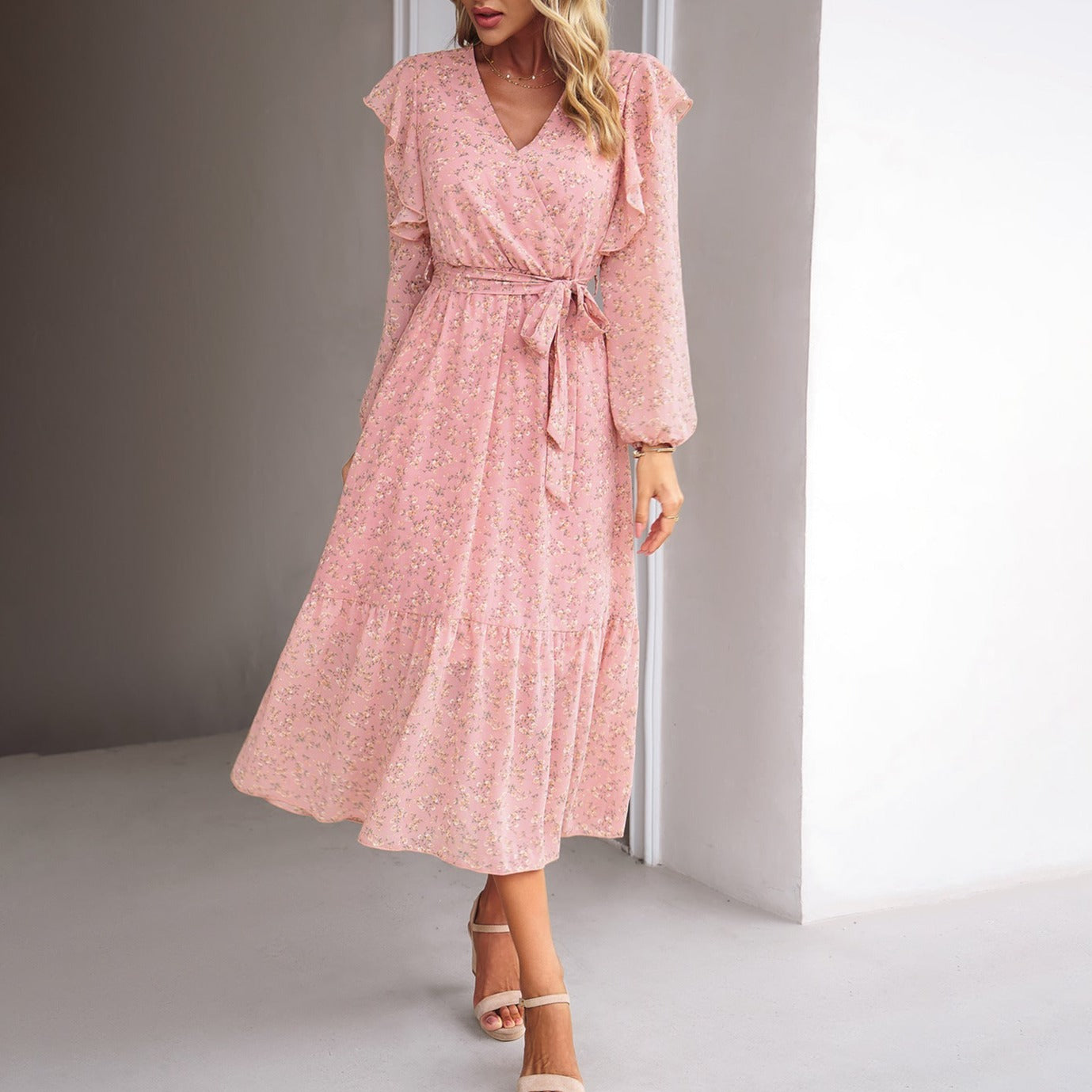 Women's Floral V-neck Long Sleeve Casual Fashion Dress