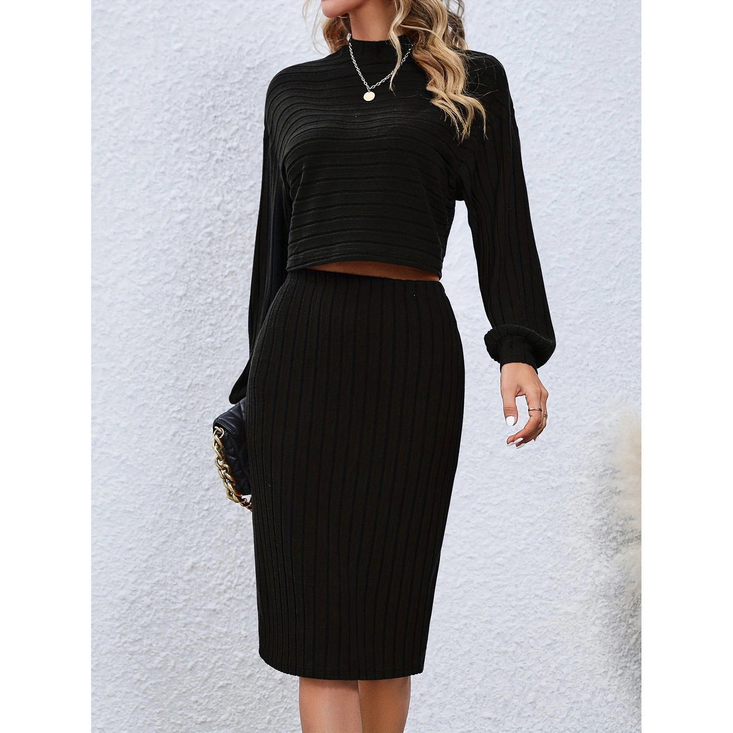 Two-Piece Set with Solid Color Long Sleeve Top and Hip Skirt