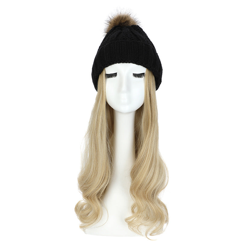 Women's Hat Wig Detachable Woolen Cap