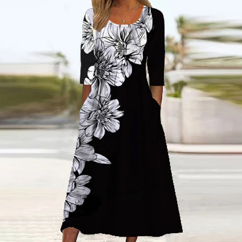 Women's Loose Long-Sleeved Dress with a Fashionable Print