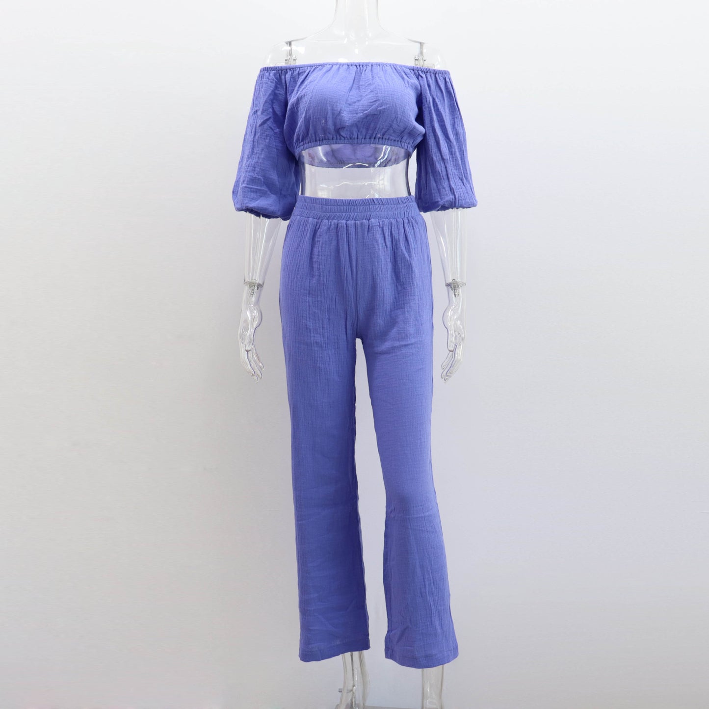 Casual Summer Suit for Women: Off-Shoulder Solid Color Top with Wide-Leg Pants in Pure Cotton