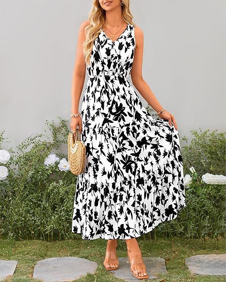 Women's V-neck Printed Dress with Elastic Waist