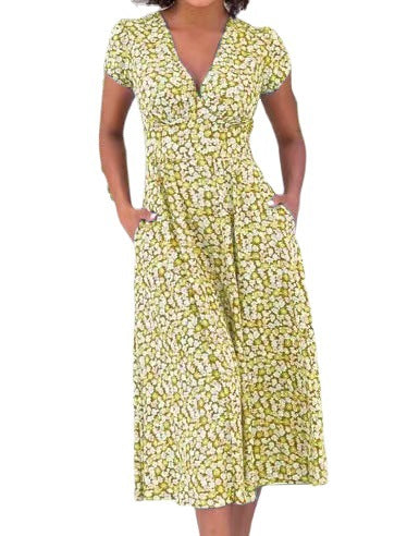 Women's Bohemian V-Neck Dress with Printed Pockets