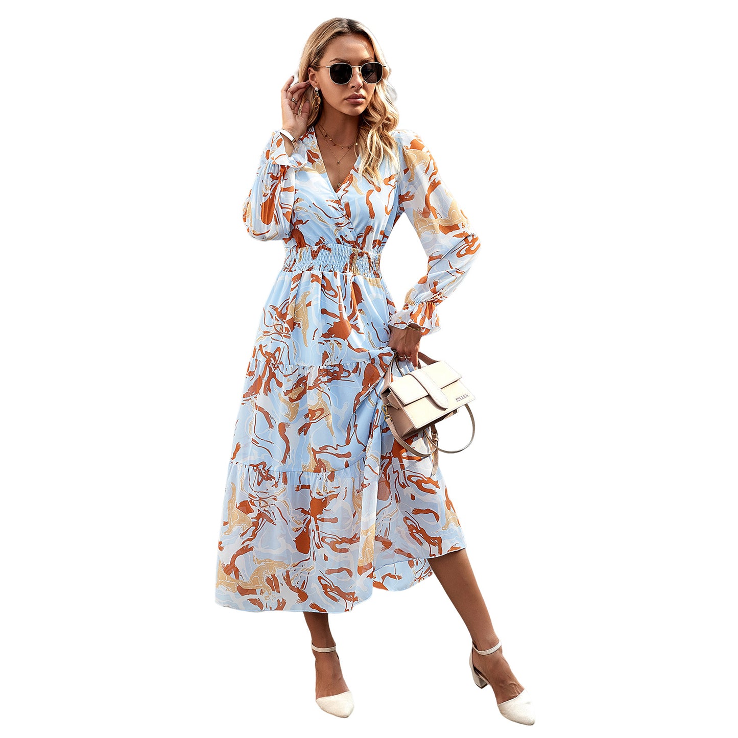 Women's Casual V-neck Dress with a Stylish Printed Design