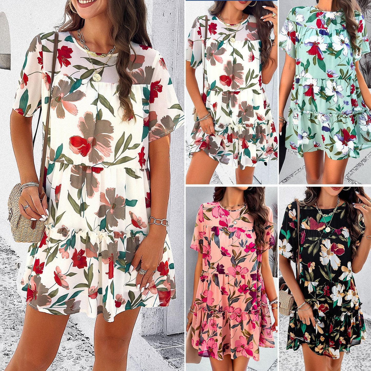 Women's Holiday Floral Print Short Sleeve Dress