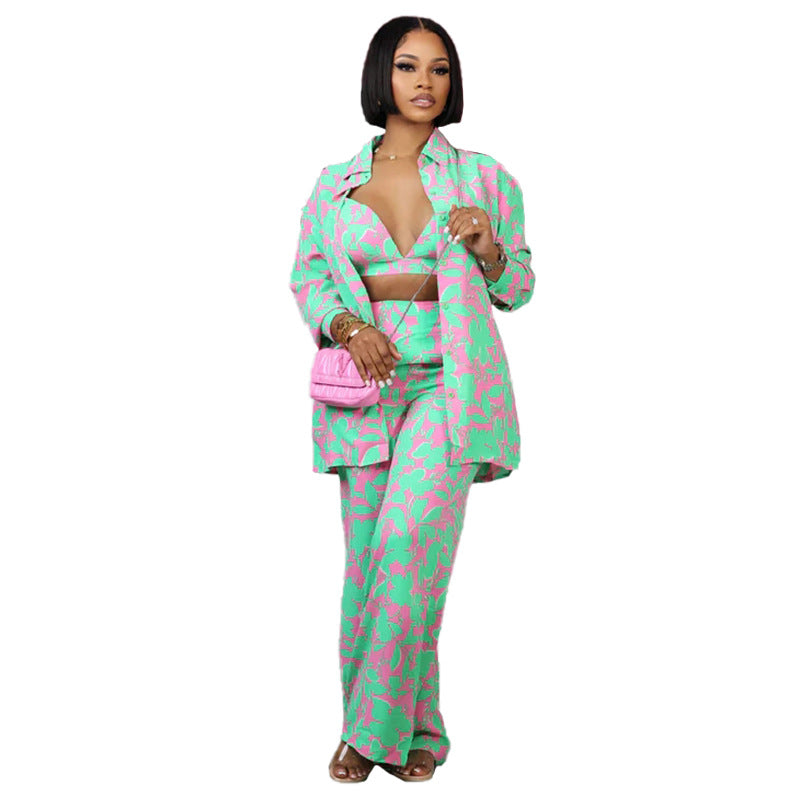 Three-Piece Printed Suit Set for Women, featuring Trousers