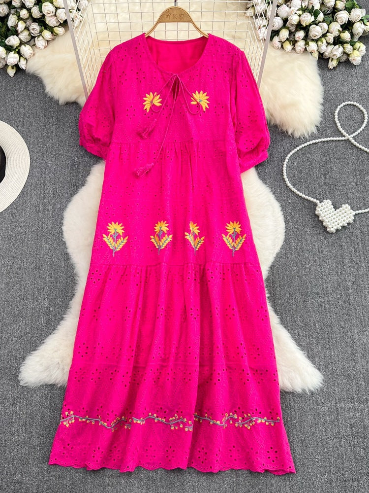 Sweet Puff Sleeve Round Neck Dress with Hollow Embroidery