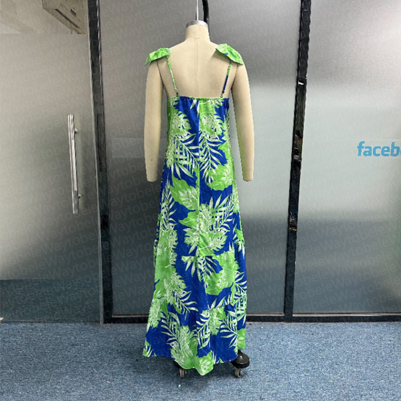 Fashionable Printed V-Neck Strap Long Skirt for Women